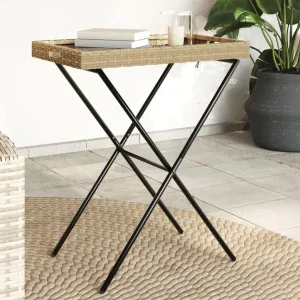 Folding Side Table Beige Poly Rattan, Powder-Coated Steel - Portable Outdoor Dining, Camping and Coffee Tables for Kitchen, Living Room, Balcony Furniture