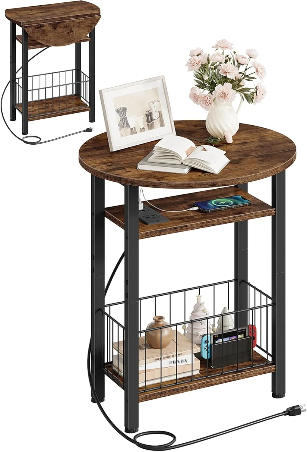 Folding Side Table with Charging Station, Narrow Side Table with Storage, 3-Tier Slim End Table with Folding Top, Small Accent Furniture for Living Room, Bedroom, Rustic Brown TBZ10UBF