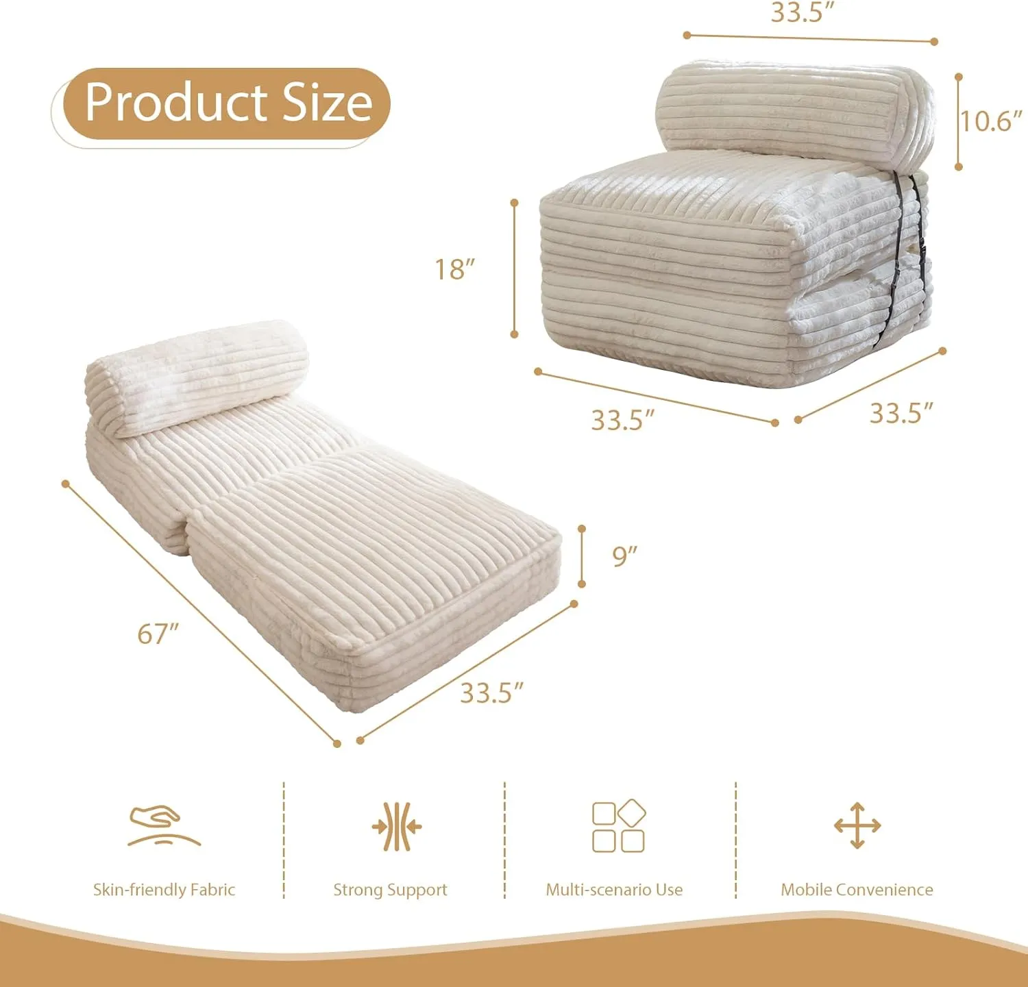 Folding Sofa Bed Couch, Convertible Sleeper Chairs with Back Support, Foldable Futon Mattress with Pillow, Portable Fold Out Chair Bed Floor Mattress Floor Couch for Living Room,Machine Washable