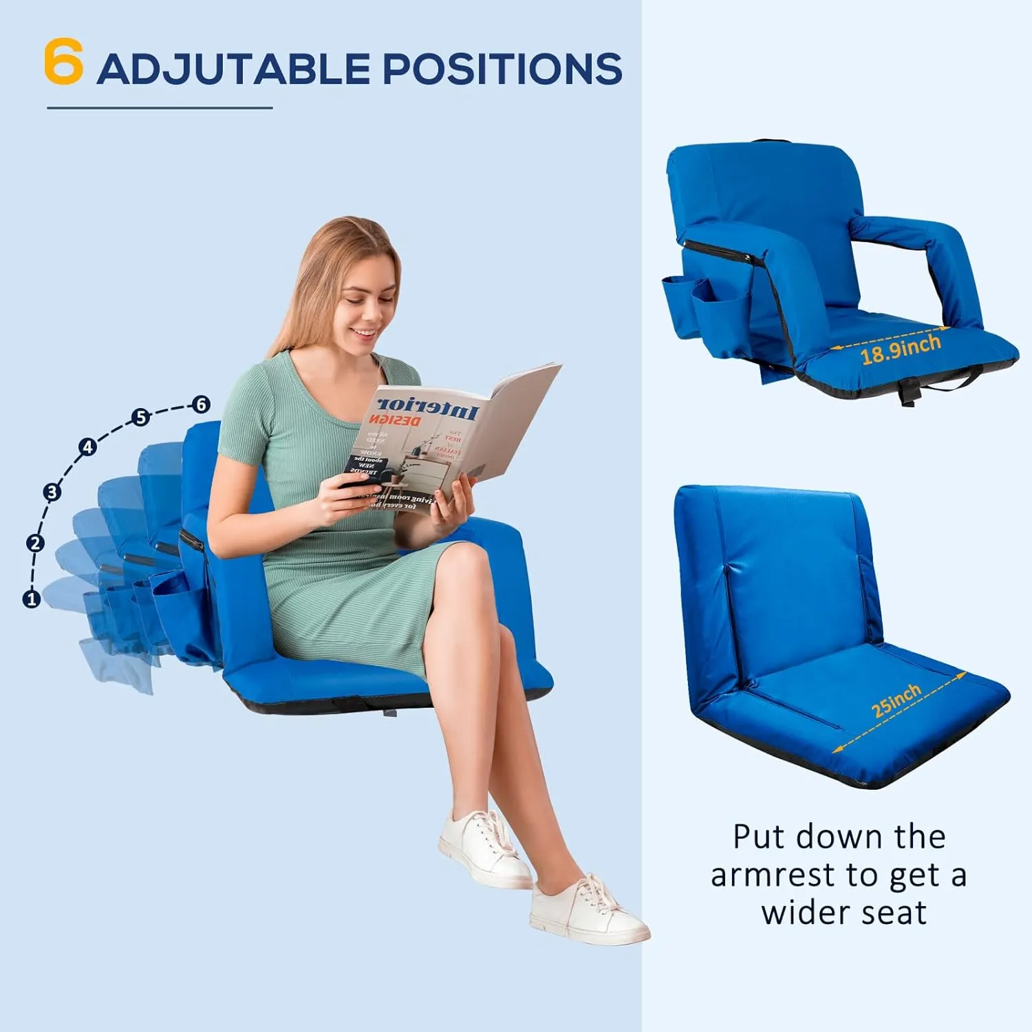 Folding Stadium Seat for Bleachers with Back Support, Bleacher Chairs with Padded Backrest and Adjustable Armrests, 6 Reclining Positions