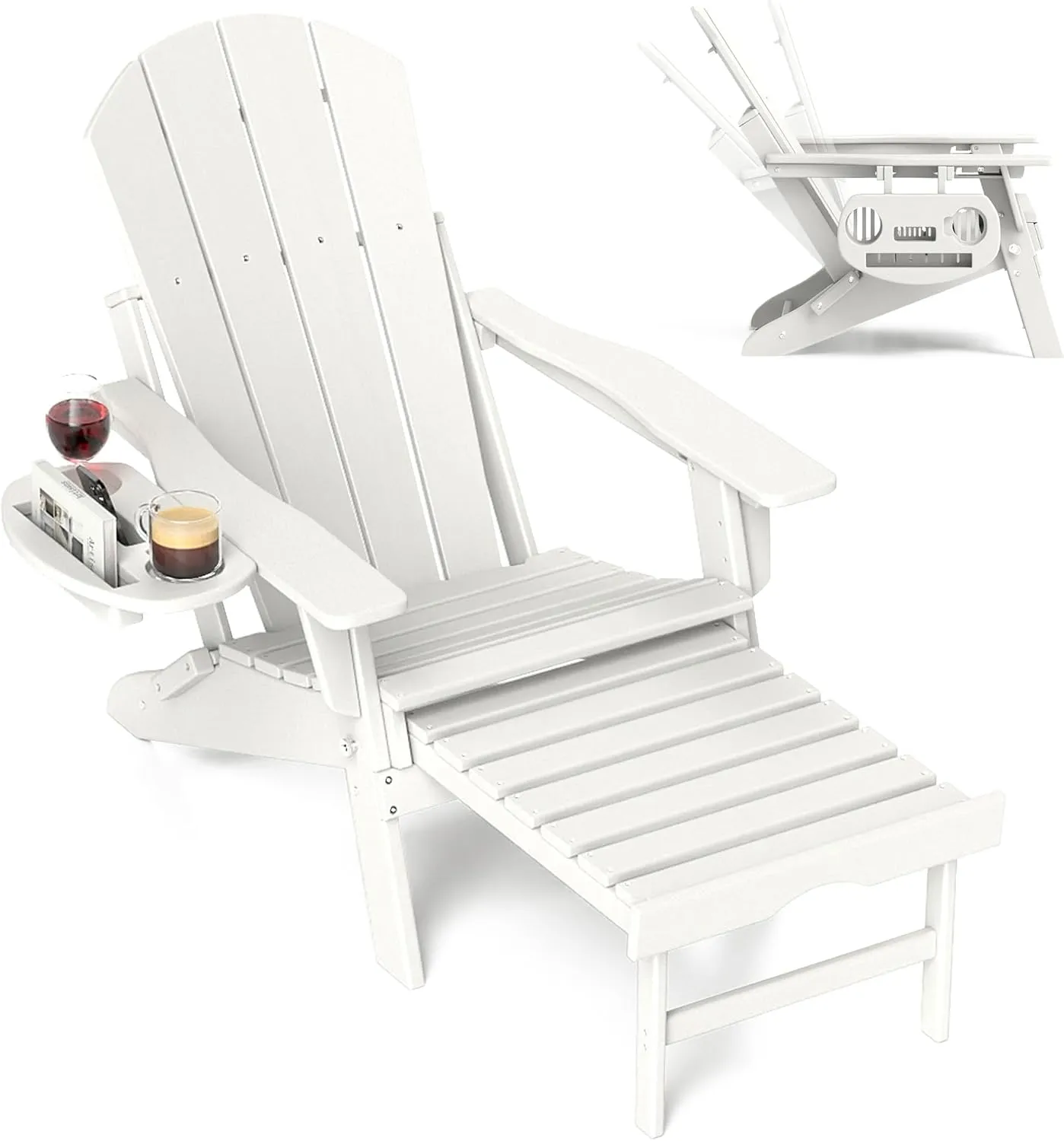 FOOWIN Adirondack Chair with Retractable Ottoman,HDPE Folding Adjustable Adirondack Chair w/4 in 1 Cup Holder Trays,All-Weather Resistant Fire Pit Chair for Outdoor Patio Lawn Oversized Outdoor Chair