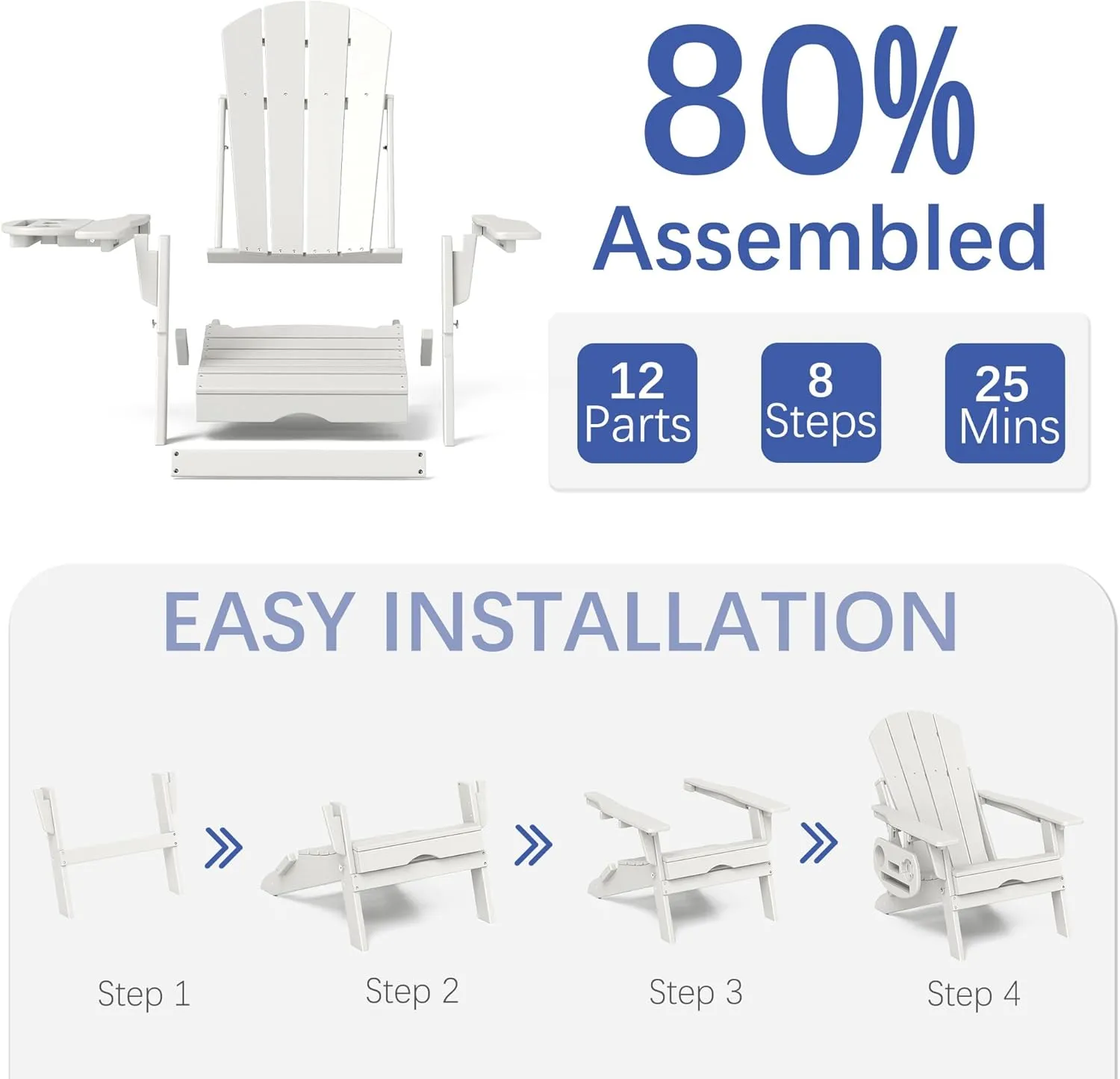 FOOWIN Adirondack Chair with Retractable Ottoman,HDPE Folding Adjustable Adirondack Chair w/4 in 1 Cup Holder Trays,All-Weather Resistant Fire Pit Chair for Outdoor Patio Lawn Oversized Outdoor Chair