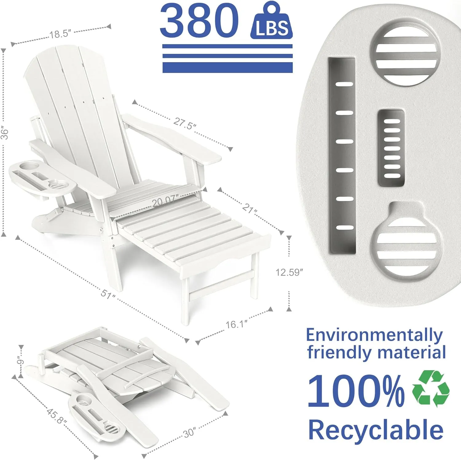 FOOWIN Adirondack Chair with Retractable Ottoman,HDPE Folding Adjustable Adirondack Chair w/4 in 1 Cup Holder Trays,All-Weather Resistant Fire Pit Chair for Outdoor Patio Lawn Oversized Outdoor Chair