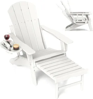 FOOWIN Adirondack Chair with Retractable Ottoman,HDPE Folding Adjustable Adirondack Chair w/4 in 1 Cup Holder Trays,All-Weather Resistant Fire Pit Chair for Outdoor Patio Lawn Oversized Outdoor Chair