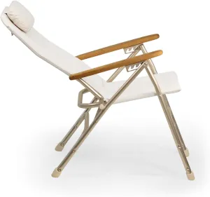 FORMA MARINE Aluminum Folding Reclining Boat Chair with Iroko Armrests Uniform Off White Fabric R120W