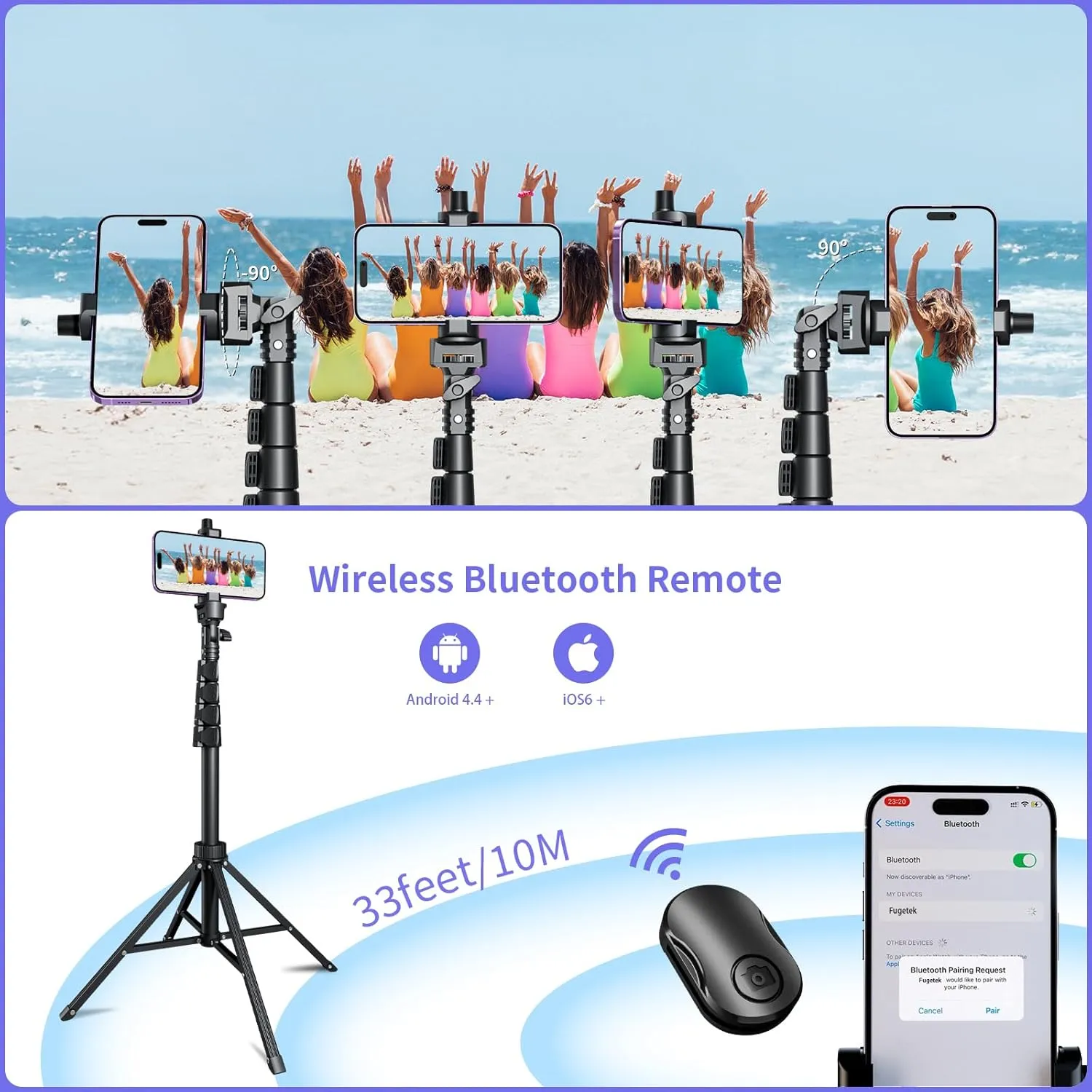Fugetek 62" Selfie Stick Tripod for iPhone, Stable 4 Leg Design, Bluetooth Remote, Aluminum Stick & Legs, Lightweight, Portable All in One, Compatible with iPhone & Android, Non Skid Feet