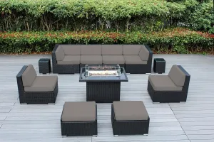 Fully Assembled Sunbrella Taupe Sectional 11 Piece Ohana Outdoor Patio Furniture Black Wicker Conversation Set with 42-inch Propane Gas Fire Table