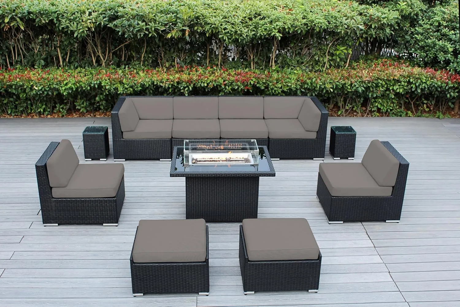 Fully Assembled Sunbrella Taupe Sectional 11 Piece Ohana Outdoor Patio Furniture Black Wicker Conversation Set with 42-inch Propane Gas Fire Table