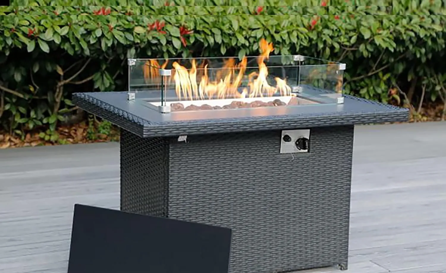 Fully Assembled Sunbrella Taupe Sectional 11 Piece Ohana Outdoor Patio Furniture Black Wicker Conversation Set with 42-inch Propane Gas Fire Table