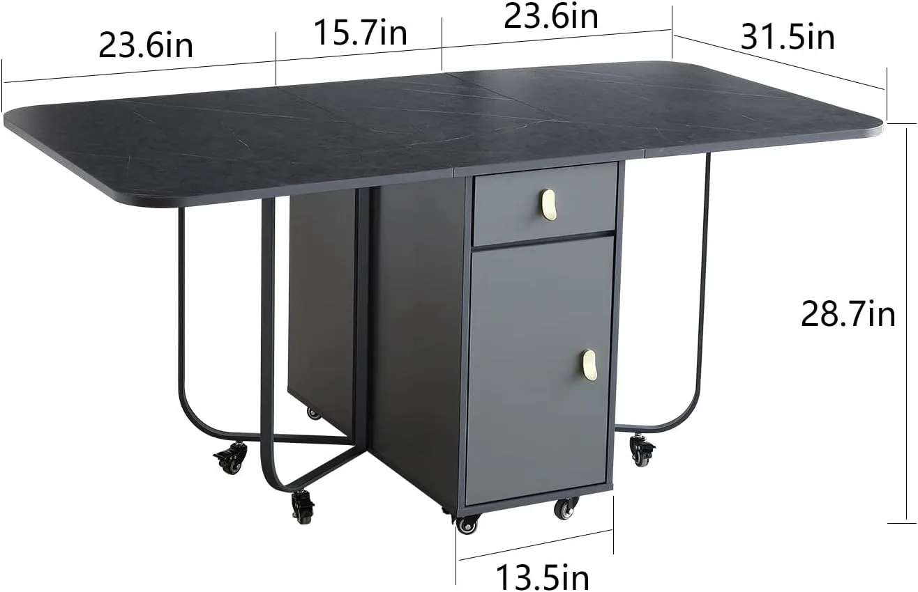 FUNROLUX Folding Dining Table with Storage Rack and 2 Drawers, Kitchen Space Saving Drop Leaf Extendable Versatile Foldable Dining Table with 4 Support Legs (Dark Grey)