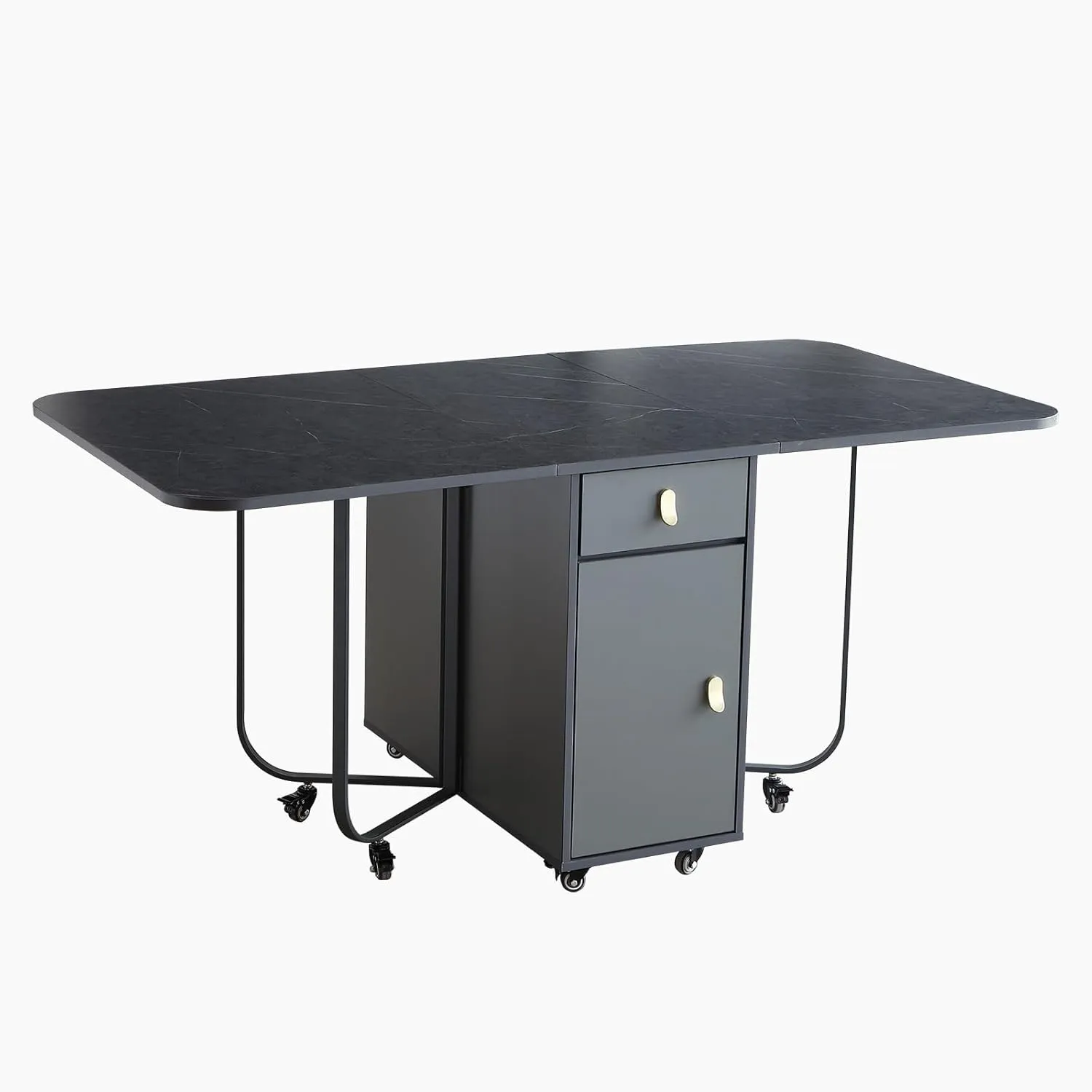 FUNROLUX Folding Dining Table with Storage Rack and 2 Drawers, Kitchen Space Saving Drop Leaf Extendable Versatile Foldable Dining Table with 4 Support Legs (Dark Grey)