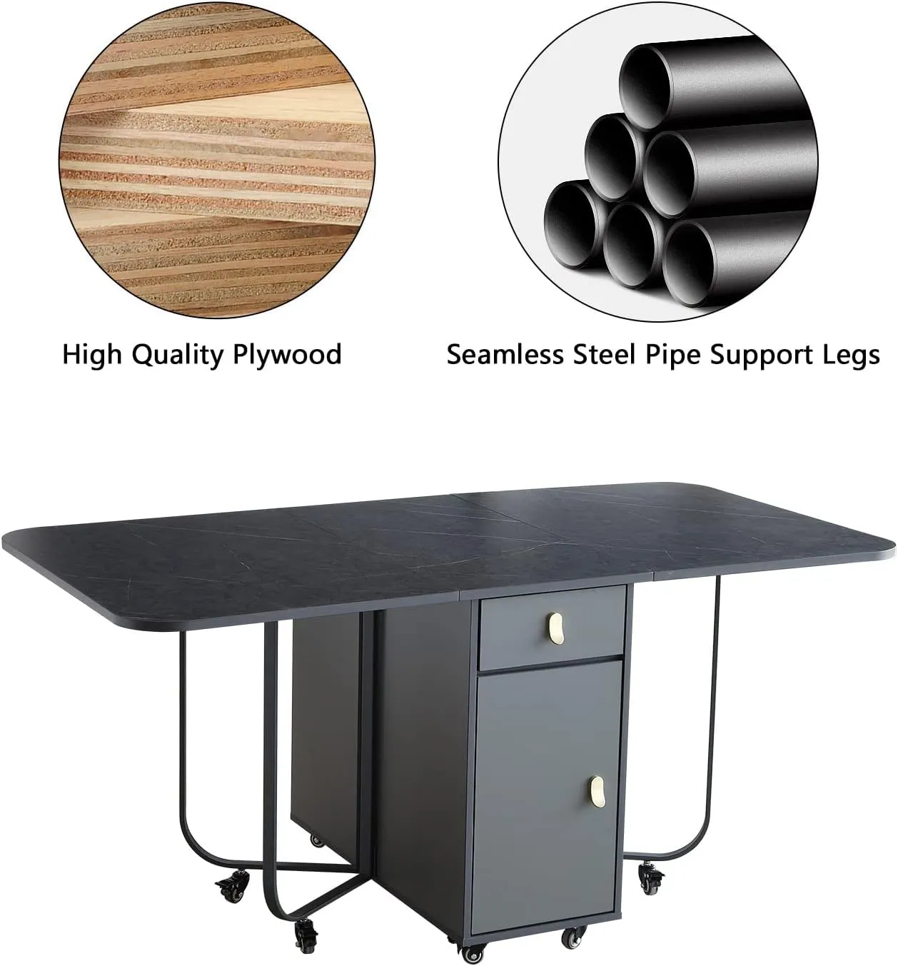 FUNROLUX Folding Dining Table with Storage Rack and 2 Drawers, Kitchen Space Saving Drop Leaf Extendable Versatile Foldable Dining Table with 4 Support Legs (Dark Grey)
