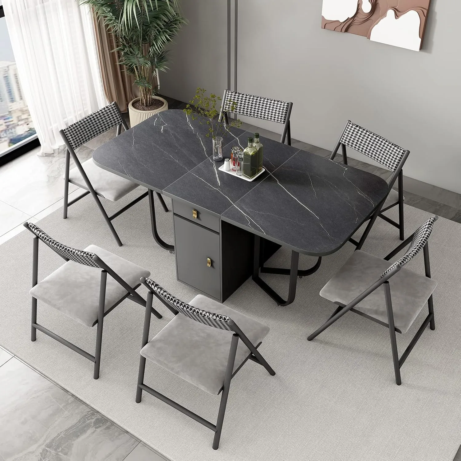 FUNROLUX Folding Dining Table with Storage Rack and 2 Drawers, Kitchen Space Saving Drop Leaf Extendable Versatile Foldable Dining Table with 4 Support Legs (Dark Grey)