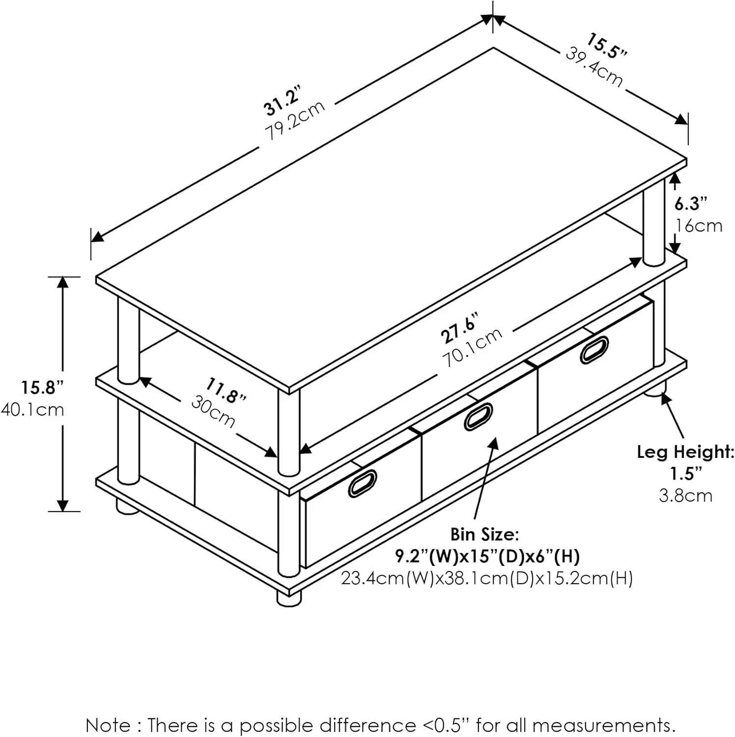 FURINNO Turn-N-Tube Coffee Table, 31.22D x 15.5W x 15.8H in, Black Oak/Black/Brown