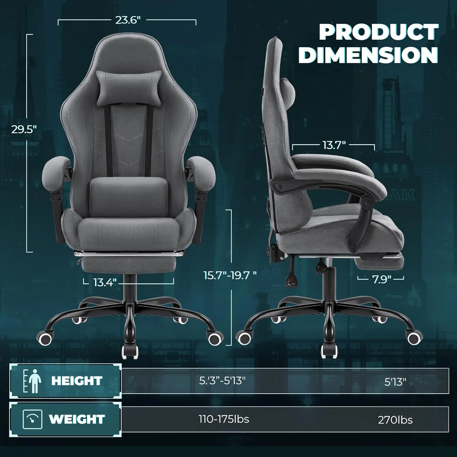Furmax Fabric Gaming Chair with Footrest, Video Game Chair with Massage Lumbar Support and Adjustable Headrest, Ergonomic Racing Style Computer Chair (Grey)