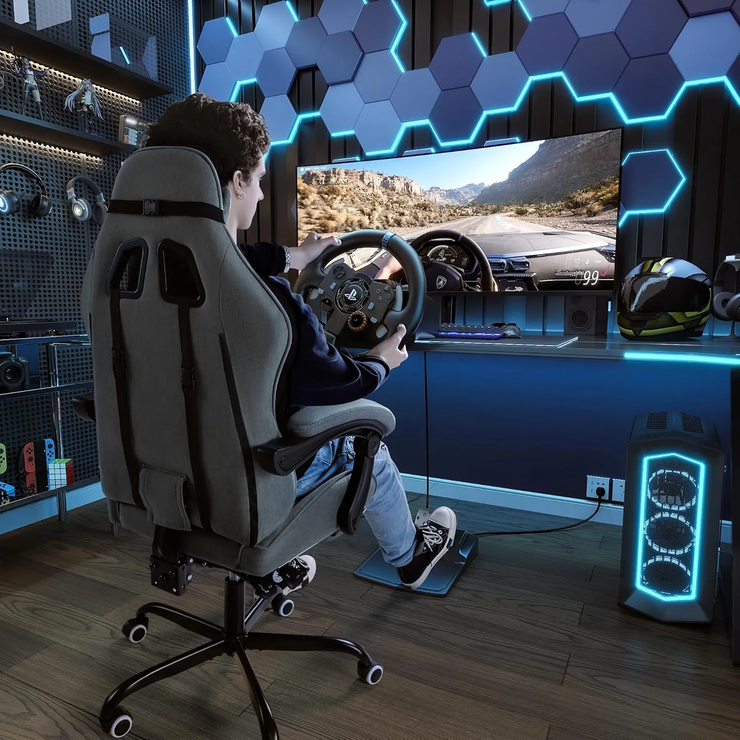 Furmax Fabric Gaming Chair with Footrest, Video Game Chair with Massage Lumbar Support and Adjustable Headrest, Ergonomic Racing Style Computer Chair (Grey)