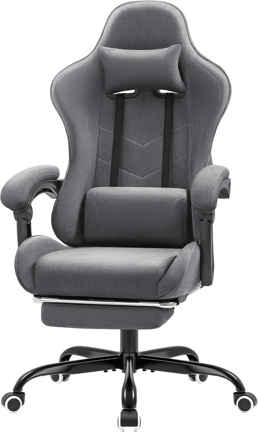 Furmax Fabric Gaming Chair with Footrest, Video Game Chair with Massage Lumbar Support and Adjustable Headrest, Ergonomic Racing Style Computer Chair (Grey)