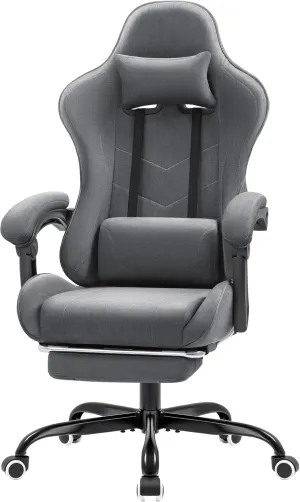 Furmax Fabric Gaming Chair with Footrest, Video Game Chair with Massage Lumbar Support and Adjustable Headrest, Ergonomic Racing Style Computer Chair (Grey)