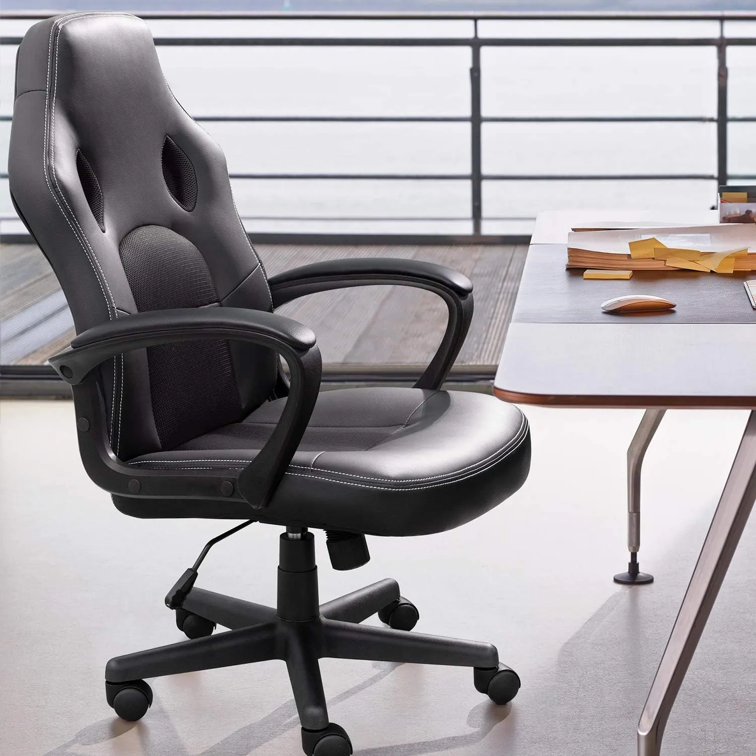 Furmax Gaming Chair Office Chair Leather Computer Desk Chair Racing Style Ergonomic Adjustable Swivel Task Chair with Lumbar Support and Arms (Black)