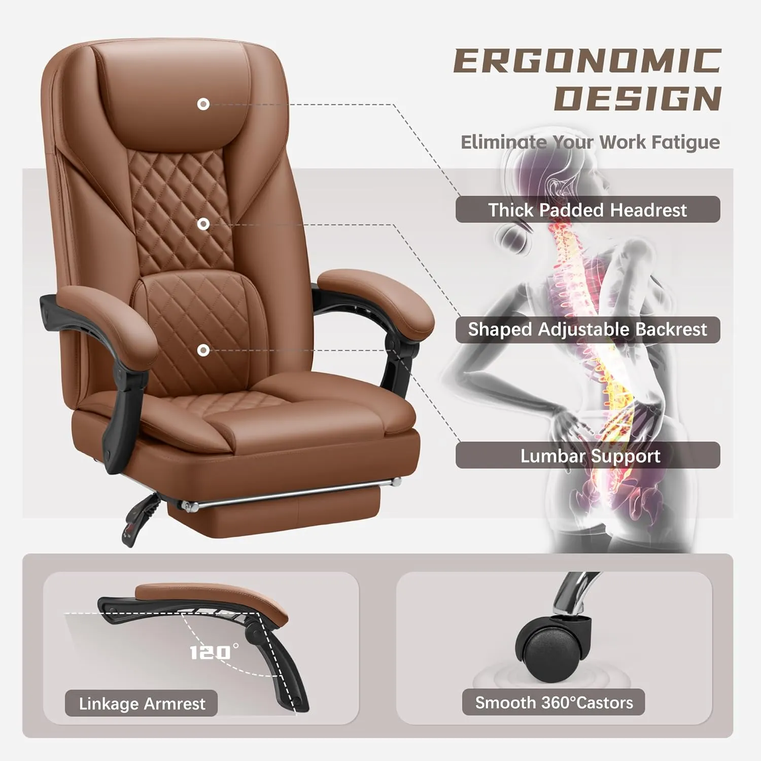 Furmax Office Chair with Footrest Ergonomic High Back Design Executive Computer Desk Chair400lbs, 90-155° Reclining Leather Home Office Desk Chairs Swivel Task Chairs with Wheels (Brown)