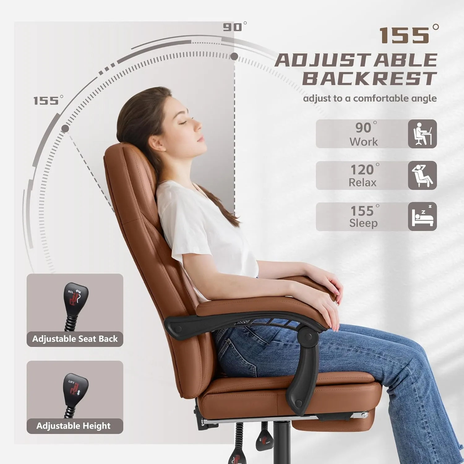 Furmax Office Chair with Footrest Ergonomic High Back Design Executive Computer Desk Chair400lbs, 90-155° Reclining Leather Home Office Desk Chairs Swivel Task Chairs with Wheels (Brown)