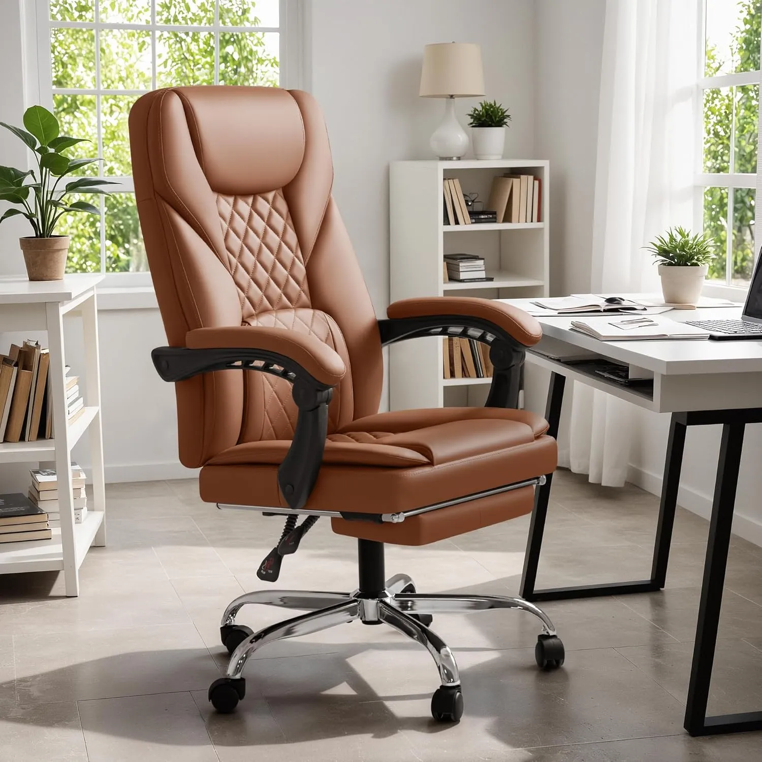 Furmax Office Chair with Footrest Ergonomic High Back Design Executive Computer Desk Chair400lbs, 90-155° Reclining Leather Home Office Desk Chairs Swivel Task Chairs with Wheels (Brown)
