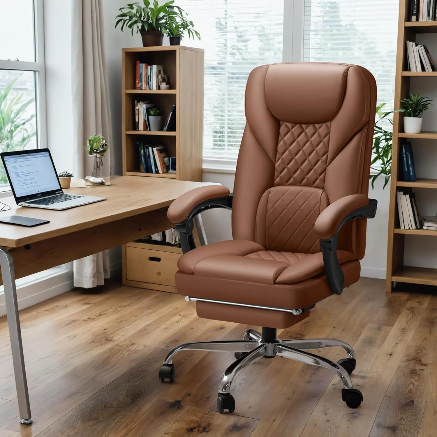 Furmax Office Chair with Footrest Ergonomic High Back Design Executive Computer Desk Chair400lbs, 90-155° Reclining Leather Home Office Desk Chairs Swivel Task Chairs with Wheels (Brown)