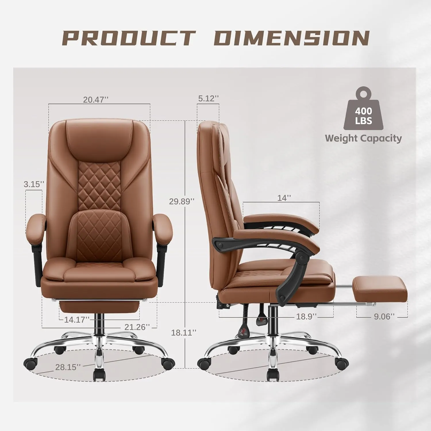 Furmax Office Chair with Footrest Ergonomic High Back Design Executive Computer Desk Chair400lbs, 90-155° Reclining Leather Home Office Desk Chairs Swivel Task Chairs with Wheels (Brown)