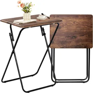 FurnitureR Folding TV Tray Tables Set of 2, Foldable Side Table Dinner Trays, Compact Snack Tables for Bed Couch Sofa, Stable Metal Frame Wooden Table Top, Space Saving, Vintage Brown
