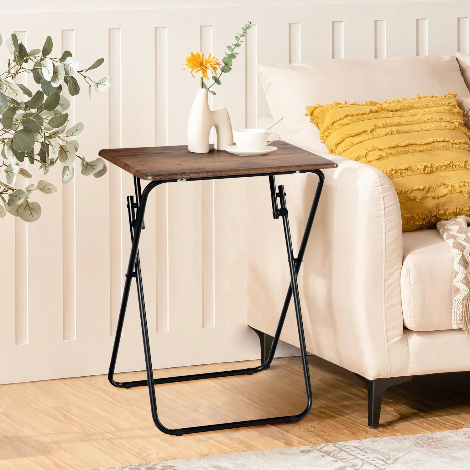 FurnitureR Folding TV Tray Tables Set of 2, Foldable Side Table Dinner Trays, Compact Snack Tables for Bed Couch Sofa, Stable Metal Frame Wooden Table Top, Space Saving, Vintage Brown