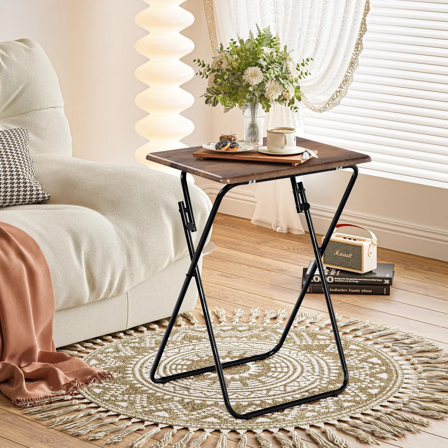 FurnitureR Folding TV Tray Tables Set of 2, Foldable Side Table Dinner Trays, Compact Snack Tables for Bed Couch Sofa, Stable Metal Frame Wooden Table Top, Space Saving, Vintage Brown