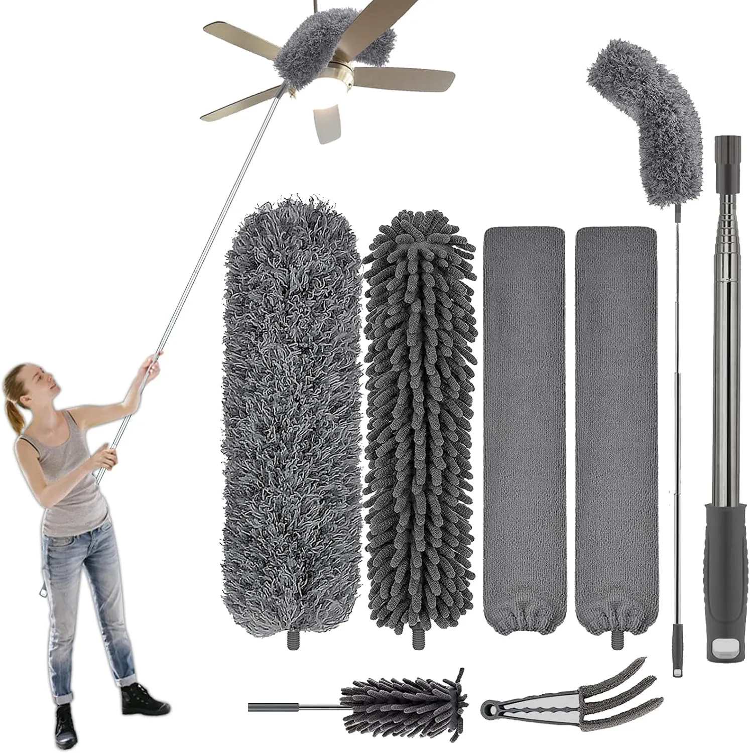 FUUNSOO Microfiber Feather Duster Set,with Extension Pole 30-100 Inches,Retractable Gap Ceiling Fan Cleaner Duster Brush Cleaner for Cleaning Cobweb,High Ceiling,Blinds, Furniture