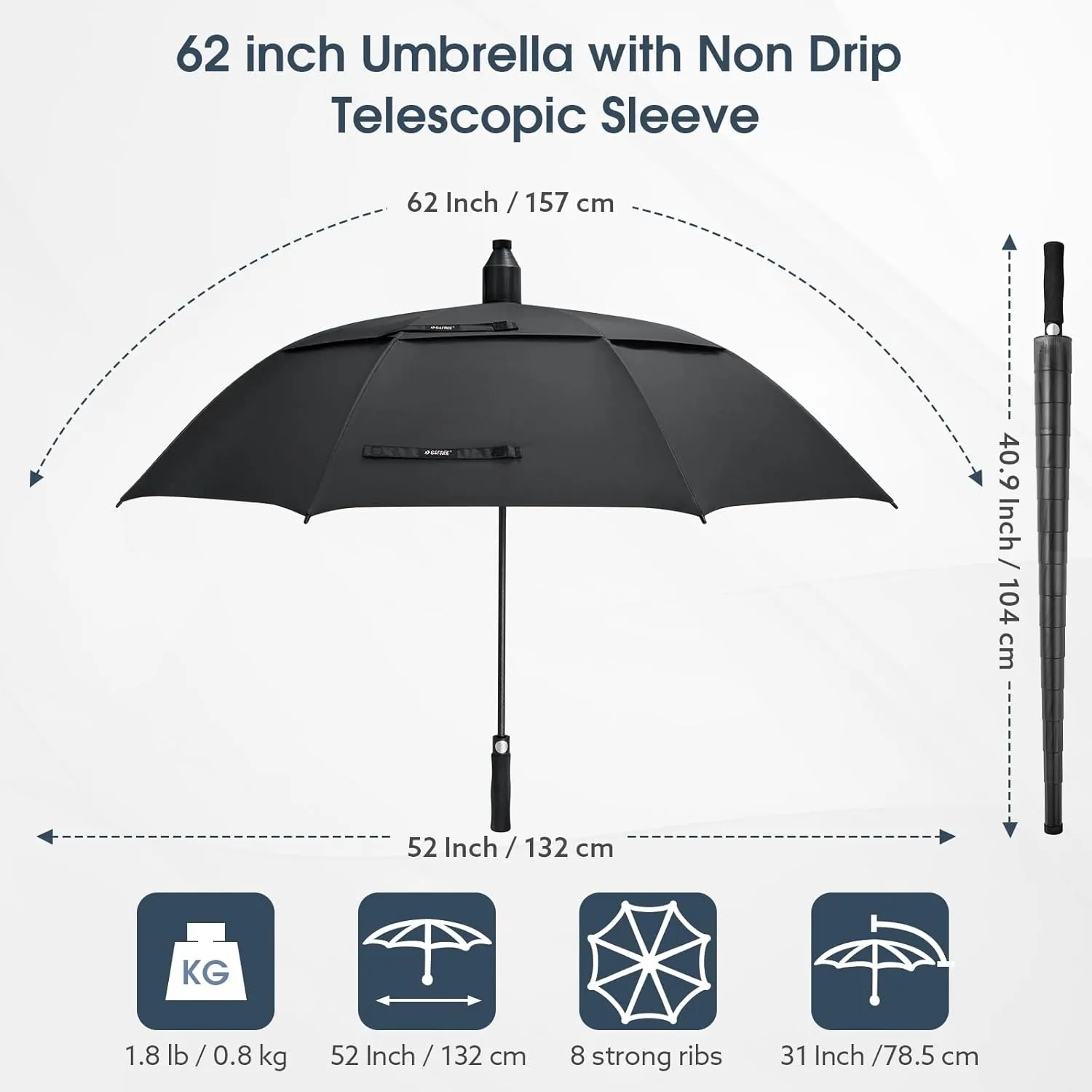 G4Free 62 Inch Umbrella with Telescopic Sleeve Waterproof Large Golf Windproof Rain Umbrellas Non-Drip Oversize Stick Umbrella Heavy Duty Men Transparent Cover