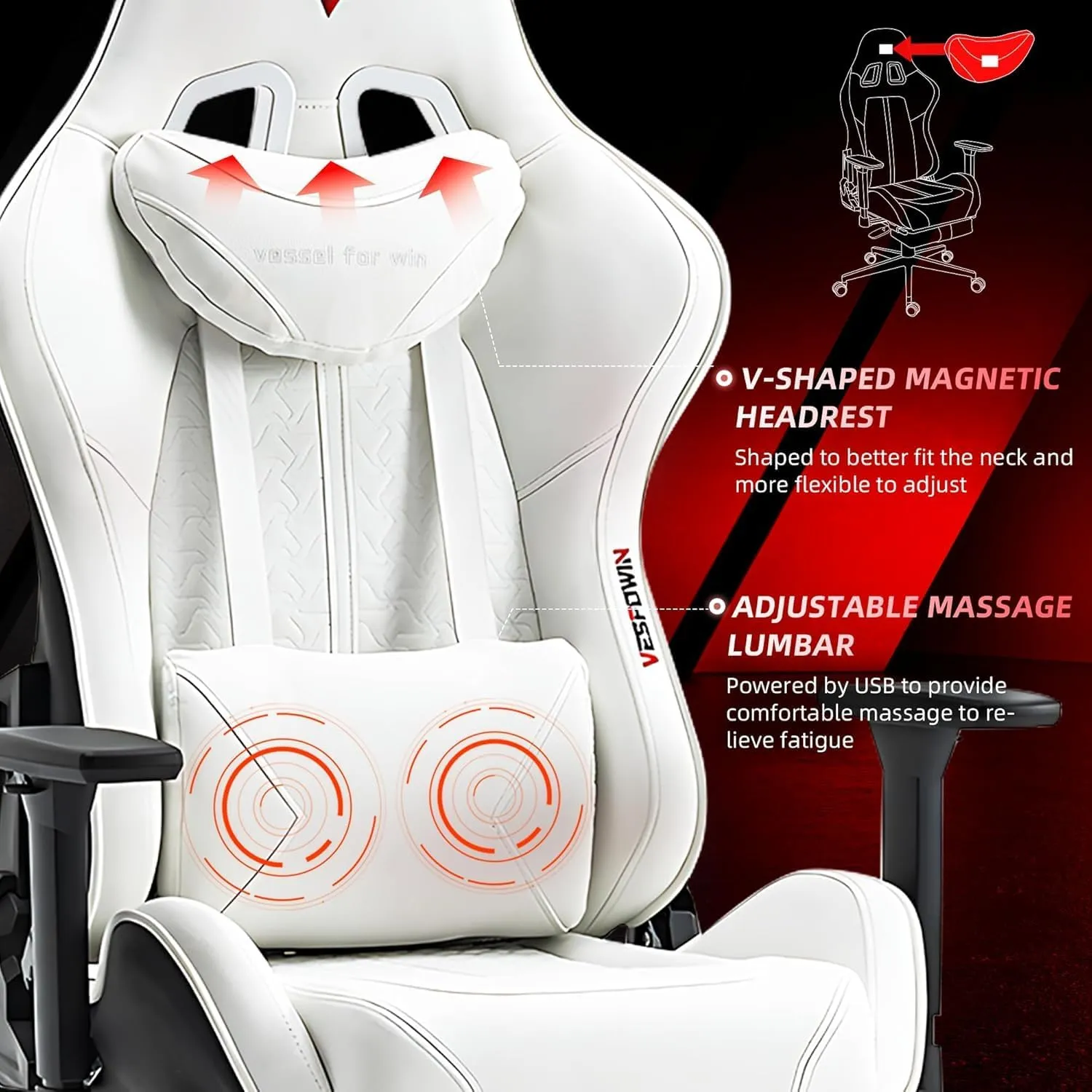 Gaming Chair for Adults, Ergonomic Video Game Chair with Adjustable Backrest, Massage Lumbar Support Premium PU Leather Tall Gamer Chair with Footrest Rocking Function Sturdy Metal Base, White