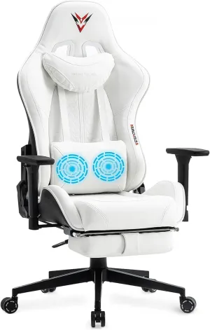 Gaming Chair for Adults, Ergonomic Video Game Chair with Adjustable Backrest, Massage Lumbar Support Premium PU Leather Tall Gamer Chair with Footrest Rocking Function Sturdy Metal Base, White