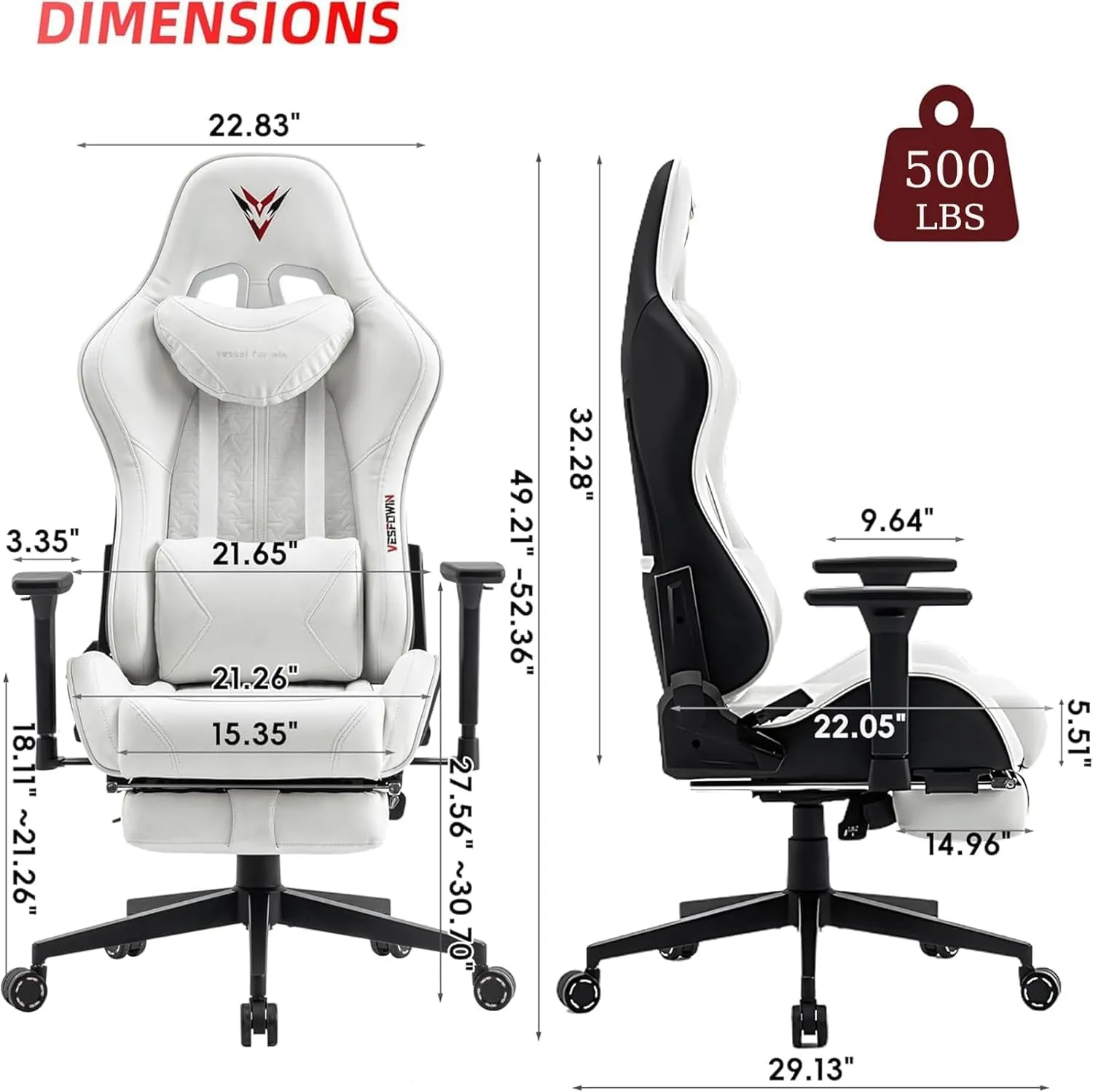 Gaming Chair for Adults, Ergonomic Video Game Chair with Adjustable Backrest, Massage Lumbar Support Premium PU Leather Tall Gamer Chair with Footrest Rocking Function Sturdy Metal Base, White