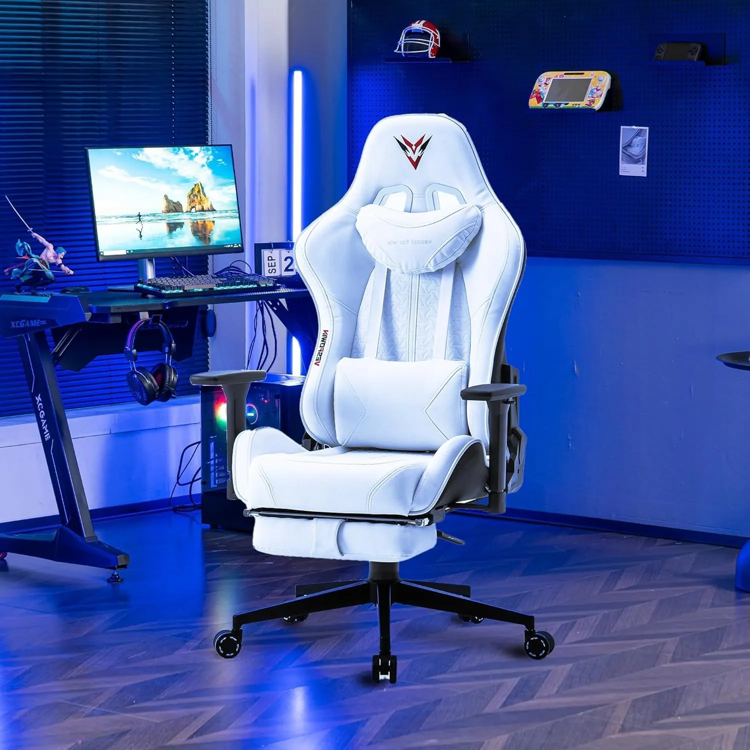 Gaming Chair for Adults, Ergonomic Video Game Chair with Adjustable Backrest, Massage Lumbar Support Premium PU Leather Tall Gamer Chair with Footrest Rocking Function Sturdy Metal Base, White