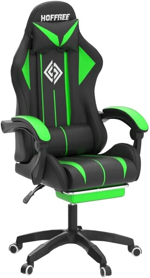 Gaming Chair Massage with Bluetooth Speakers and Lights Ergonomic Computer Game Chair with Footrest LED RGB Lights High Back Music Video Game Chair with Lumbar Support Green and Black