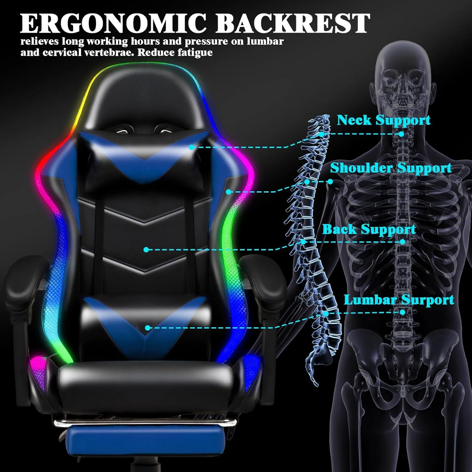 Gaming Chair, Racing Style RGB LED Lights Gaming Chairs for Adults and Kids, Lumbar Massager Gamer Chair, High Back Reclining Computer Chair with Footrest and Headrest (Black/Blue)