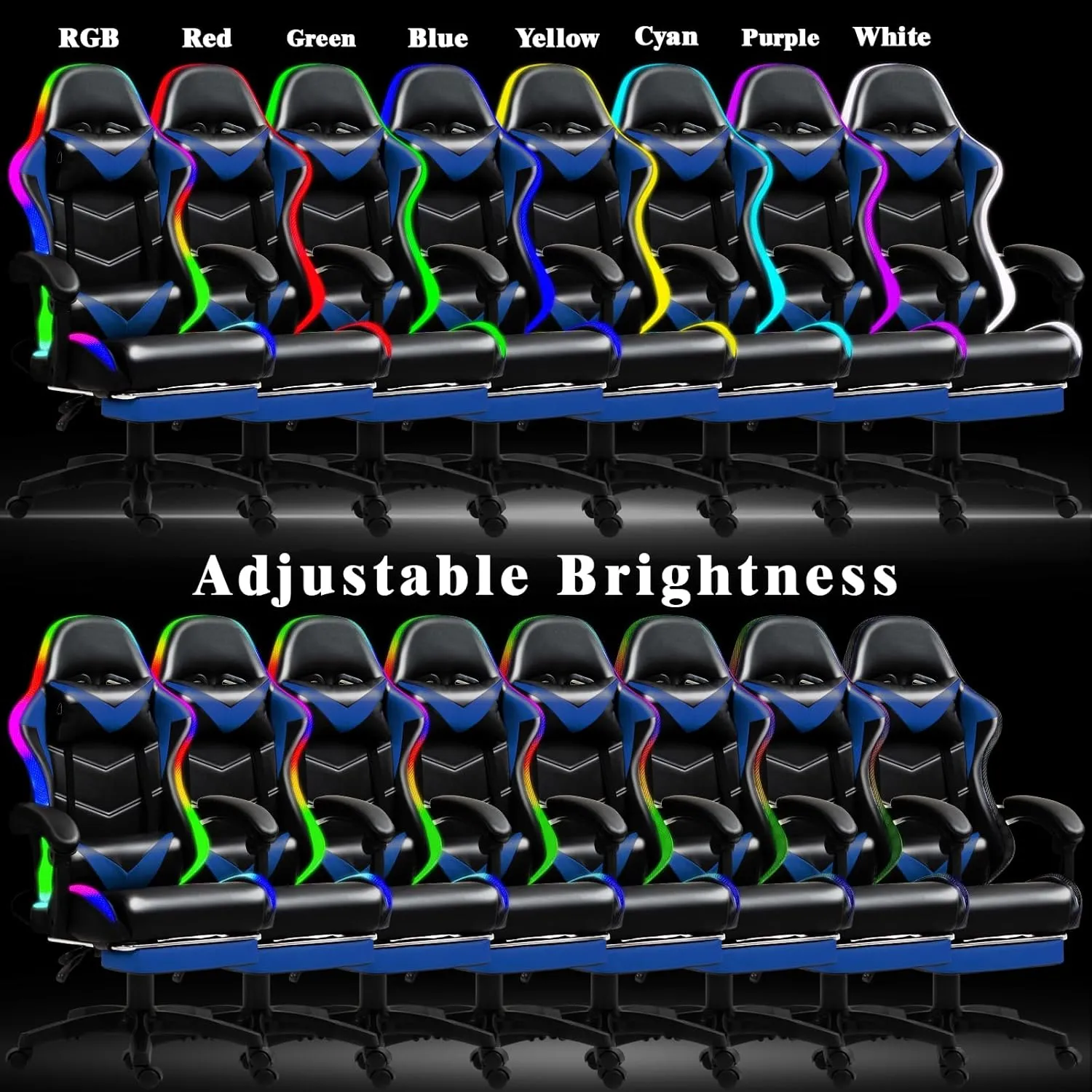Gaming Chair, Racing Style RGB LED Lights Gaming Chairs for Adults and Kids, Lumbar Massager Gamer Chair, High Back Reclining Computer Chair with Footrest and Headrest (Black/Blue)