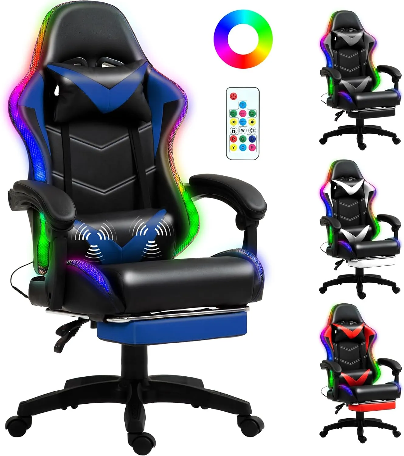 Gaming Chair, Racing Style RGB LED Lights Gaming Chairs for Adults and Kids, Lumbar Massager Gamer Chair, High Back Reclining Computer Chair with Footrest and Headrest (Black/Blue)