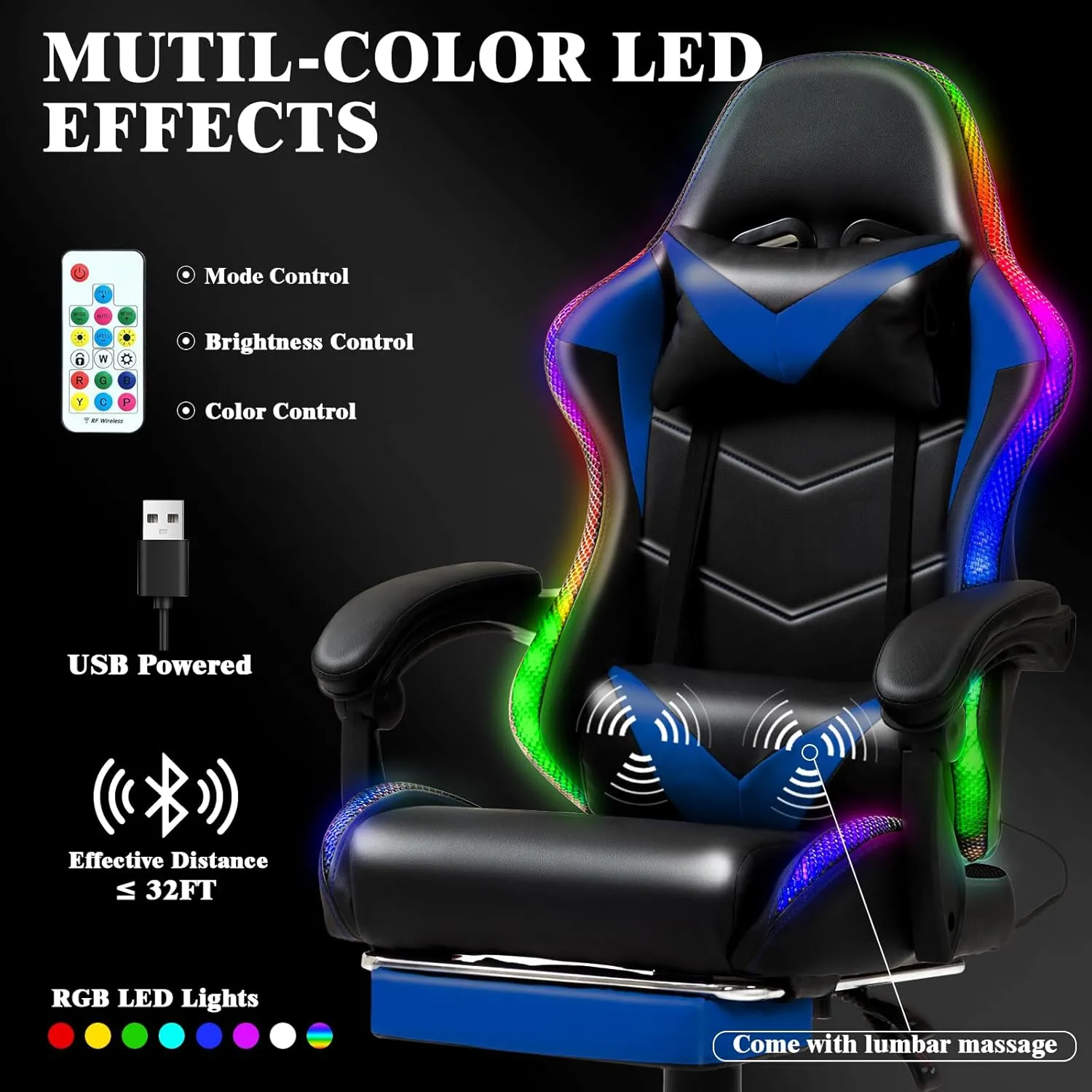 Gaming Chair, Racing Style RGB LED Lights Gaming Chairs for Adults and Kids, Lumbar Massager Gamer Chair, High Back Reclining Computer Chair with Footrest and Headrest (Black/Blue)