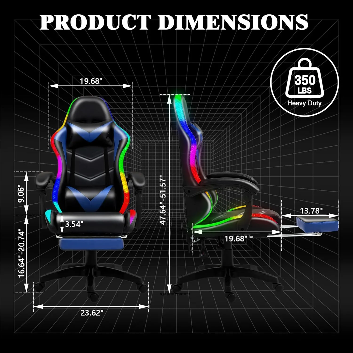 Gaming Chair, Racing Style RGB LED Lights Gaming Chairs for Adults and Kids, Lumbar Massager Gamer Chair, High Back Reclining Computer Chair with Footrest and Headrest (Black/Blue)