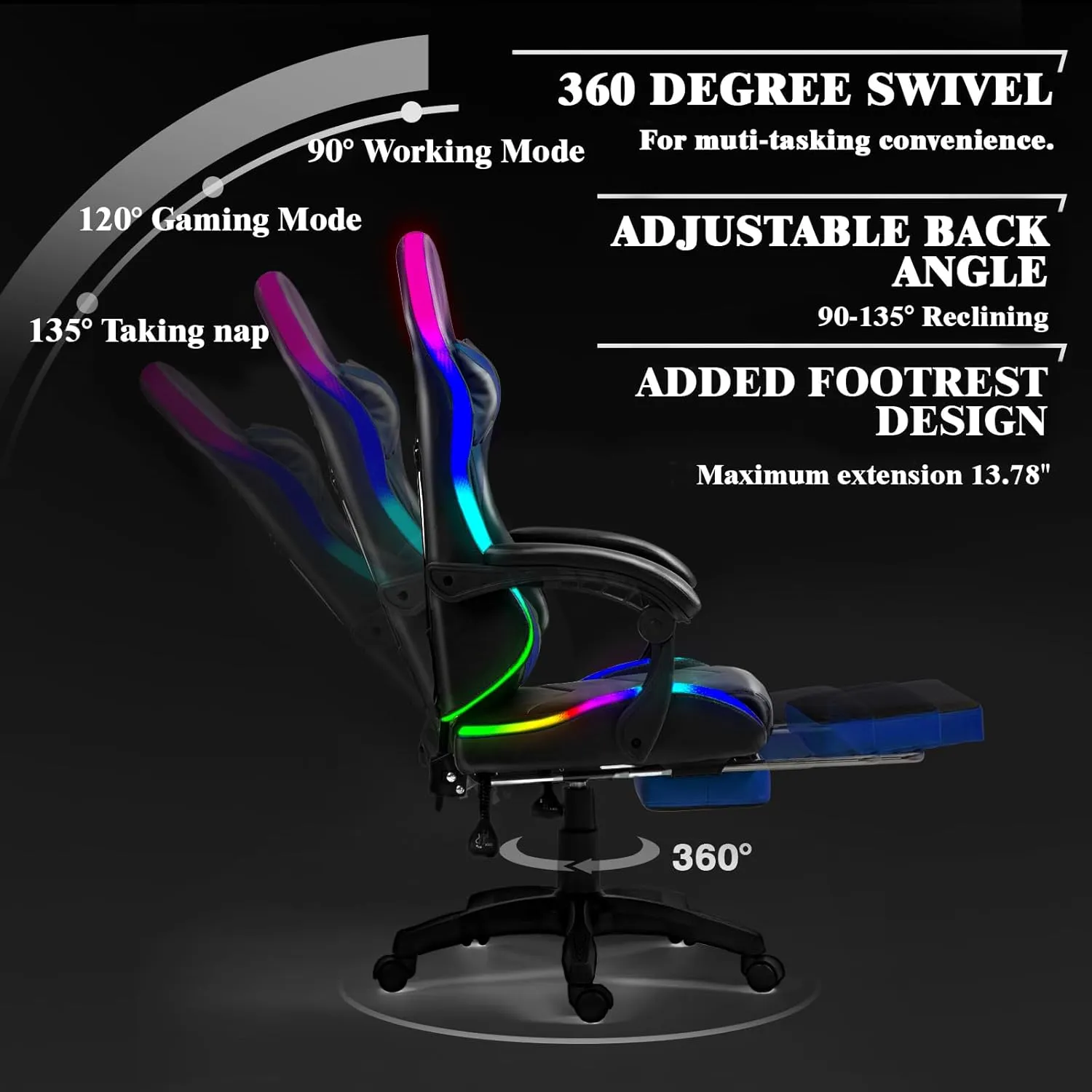 Gaming Chair, Racing Style RGB LED Lights Gaming Chairs for Adults and Kids, Lumbar Massager Gamer Chair, High Back Reclining Computer Chair with Footrest and Headrest (Black/Blue)