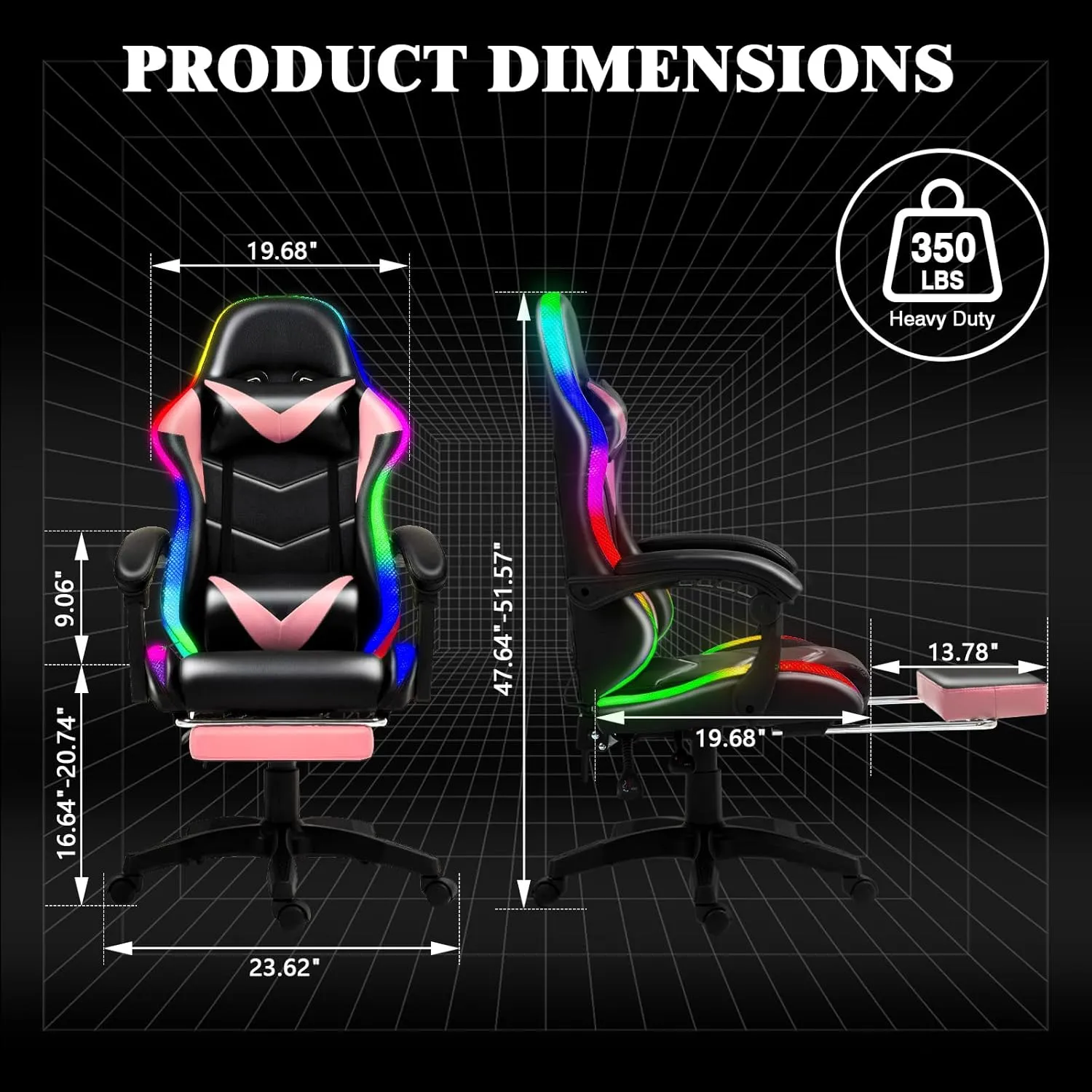 Gaming Chair, Racing Style RGB LED Lights Gaming Chairs for Adults and Kids, Lumbar Massager Gamer Chair, High Back Reclining Computer Chair with Footrest and Headrest (Black/Pink)