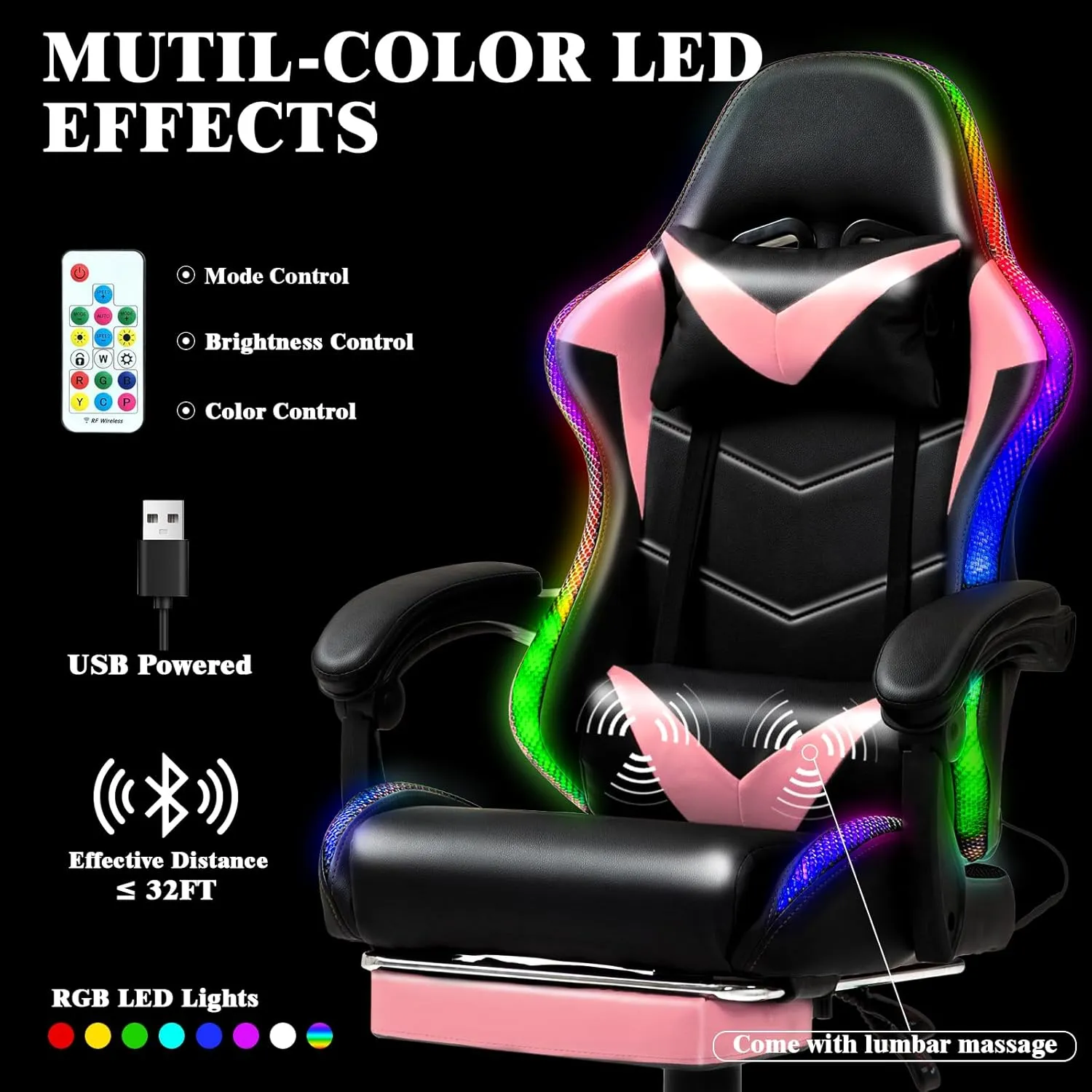 Gaming Chair, Racing Style RGB LED Lights Gaming Chairs for Adults and Kids, Lumbar Massager Gamer Chair, High Back Reclining Computer Chair with Footrest and Headrest (Black/Pink)