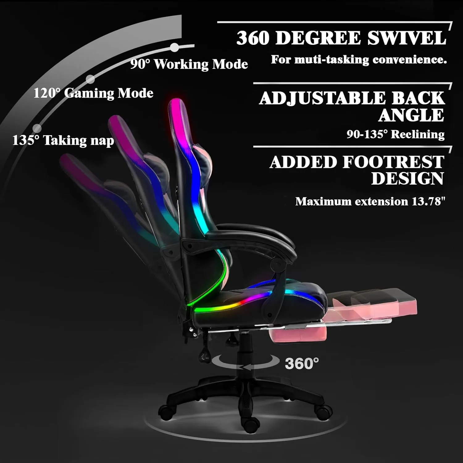 Gaming Chair, Racing Style RGB LED Lights Gaming Chairs for Adults and Kids, Lumbar Massager Gamer Chair, High Back Reclining Computer Chair with Footrest and Headrest (Black/Pink)