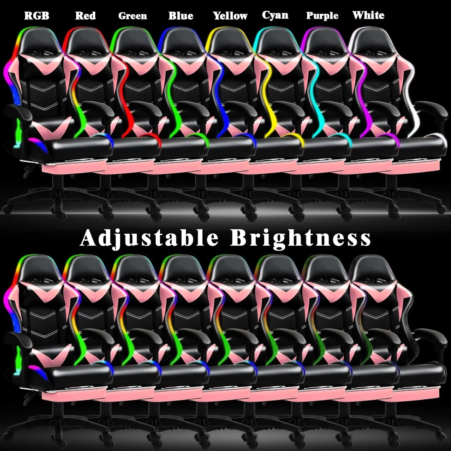 Gaming Chair, Racing Style RGB LED Lights Gaming Chairs for Adults and Kids, Lumbar Massager Gamer Chair, High Back Reclining Computer Chair with Footrest and Headrest (Black/Pink)