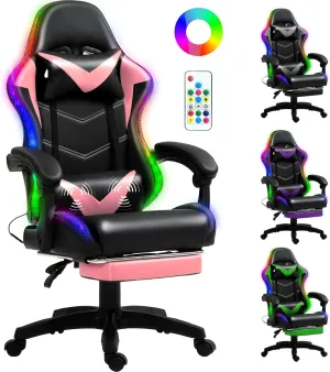 Gaming Chair, Racing Style RGB LED Lights Gaming Chairs for Adults and Kids, Lumbar Massager Gamer Chair, High Back Reclining Computer Chair with Footrest and Headrest (Black/Pink)