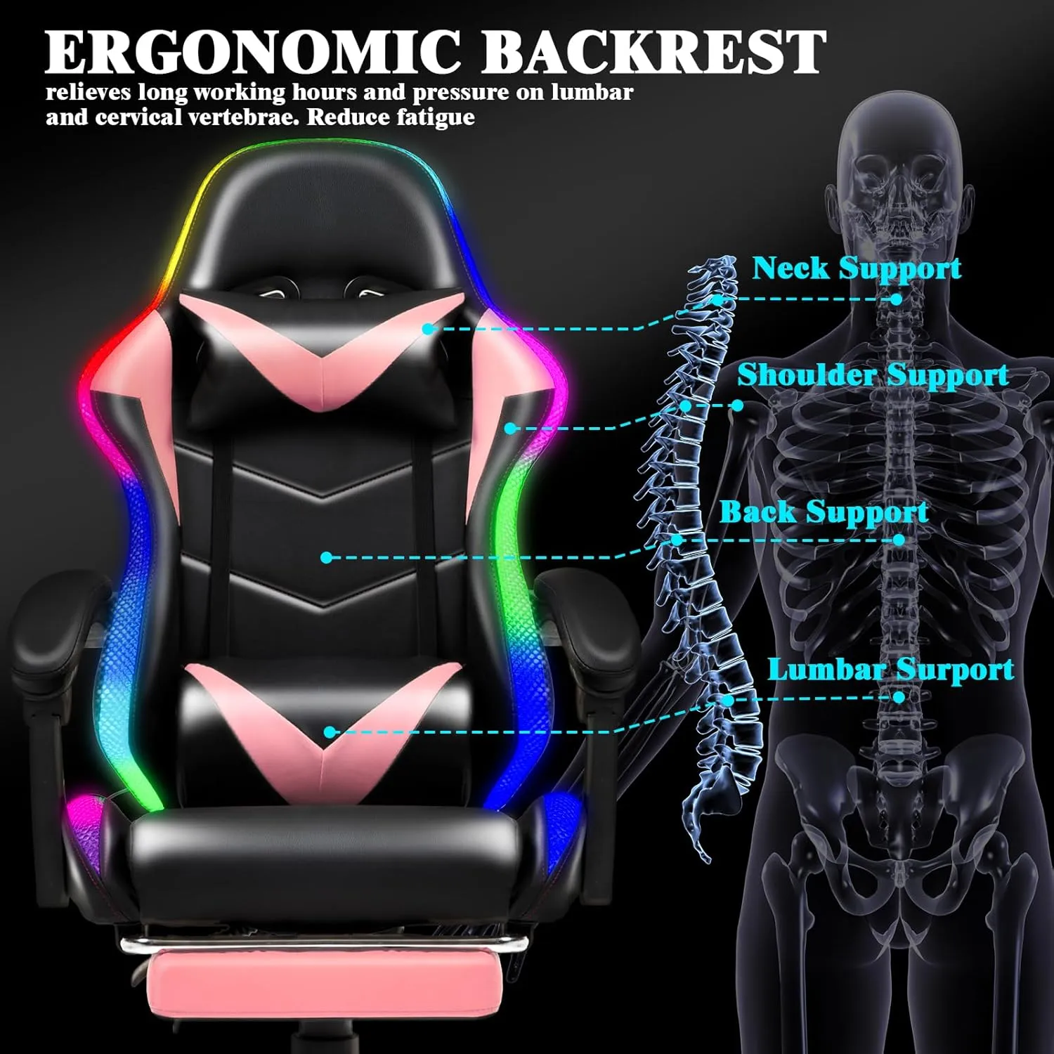 Gaming Chair, Racing Style RGB LED Lights Gaming Chairs for Adults and Kids, Lumbar Massager Gamer Chair, High Back Reclining Computer Chair with Footrest and Headrest (Black/Pink)